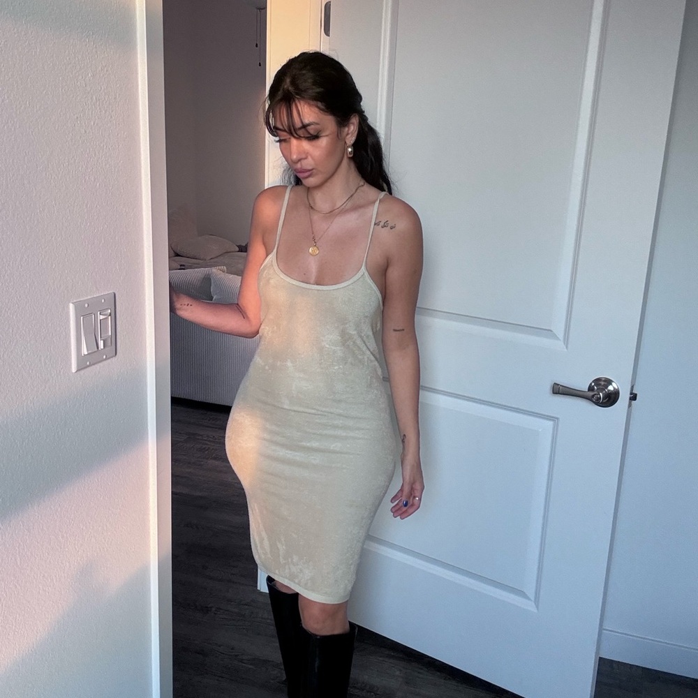 Zara Suede Beige Tan skinny strap Bodycon Dress